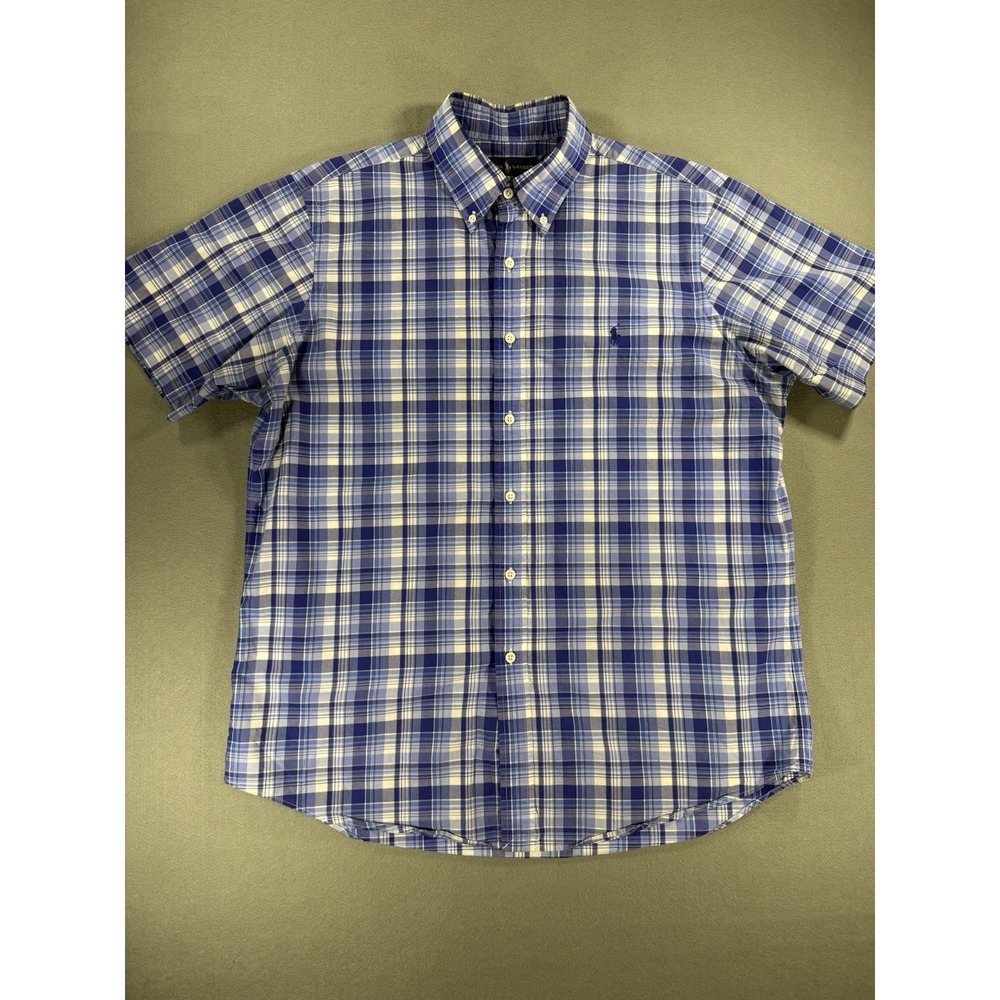Polo Ralph Lauren Plaid Shirt Mens Size L Blue Short Sleeve Button Up Casual
